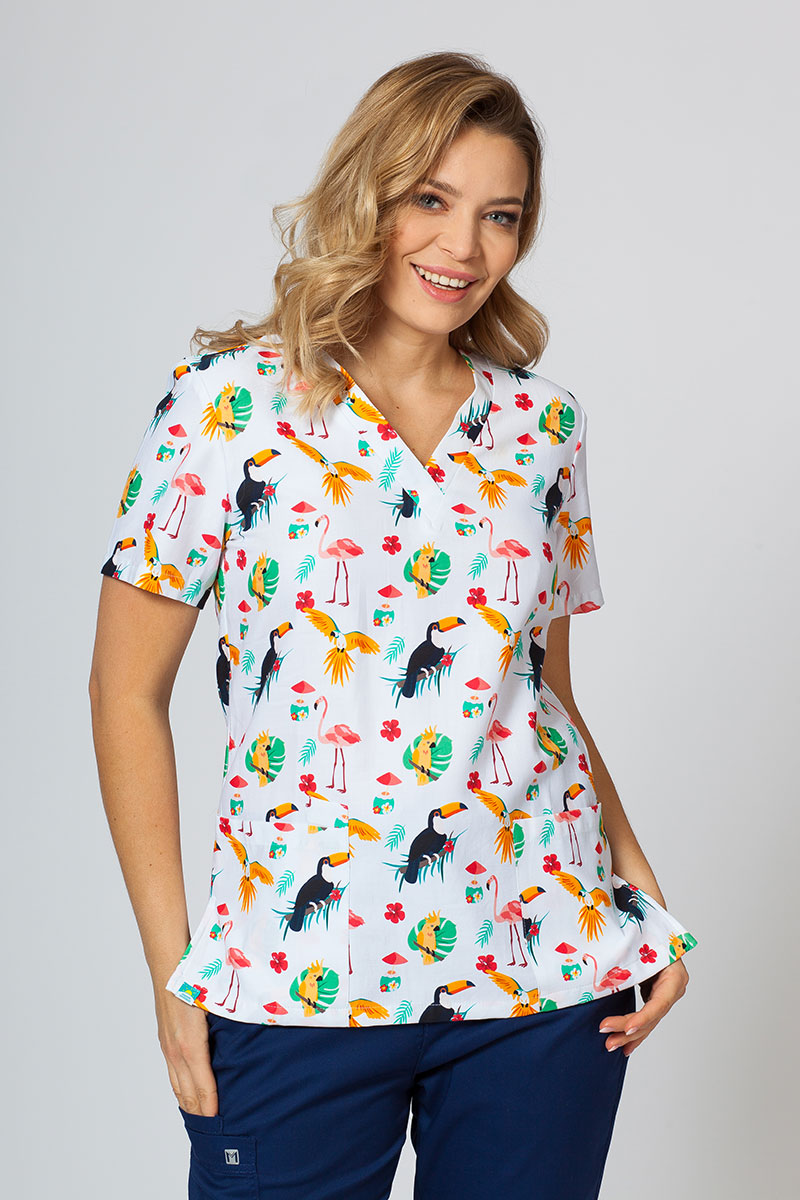 Barevná lékařská halena Sunrise Uniforms pro ženy plameňáci, papoušci a tukani